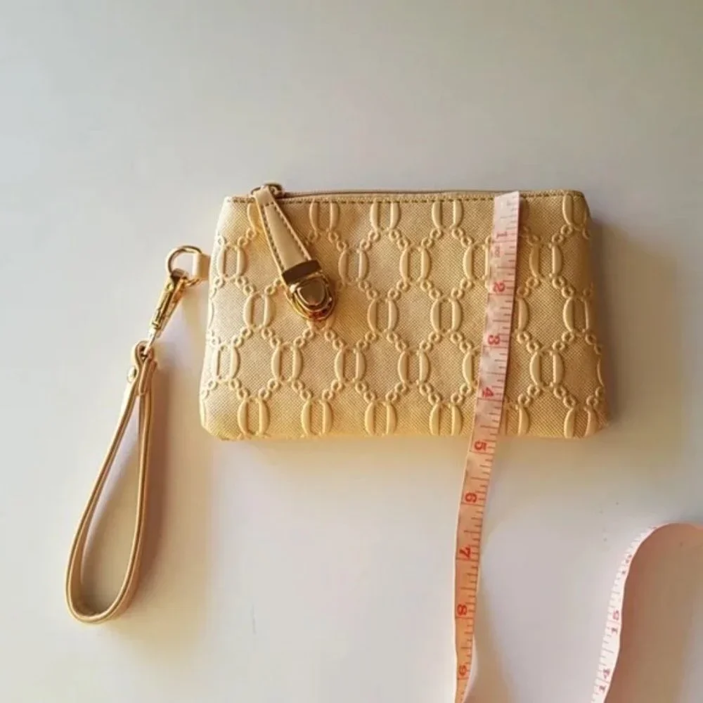 Gold Metallic Crosshatch Embossed Monogram Wristlet Pouch Zip Top Clutch Wallet